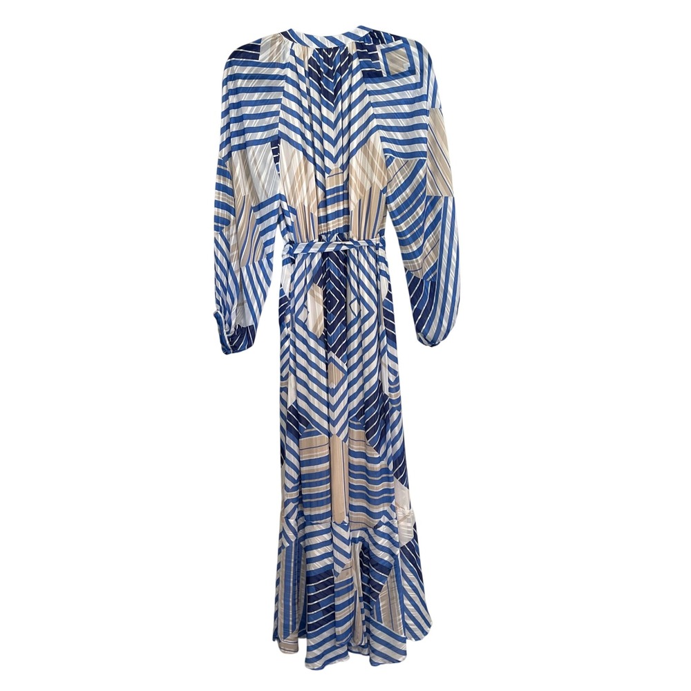Ciebon Blue Geometric Chevron Stripe Maxi Dress Long Sleeve V-Neck Size M - Picture 2 of 9